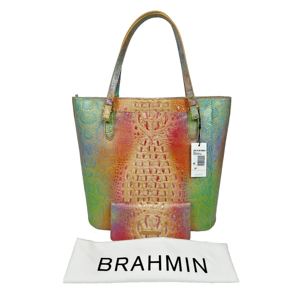 NWT Brahmin Leather Large Ezra Multi Abalone Tote Satchel Purse and Wallet Set